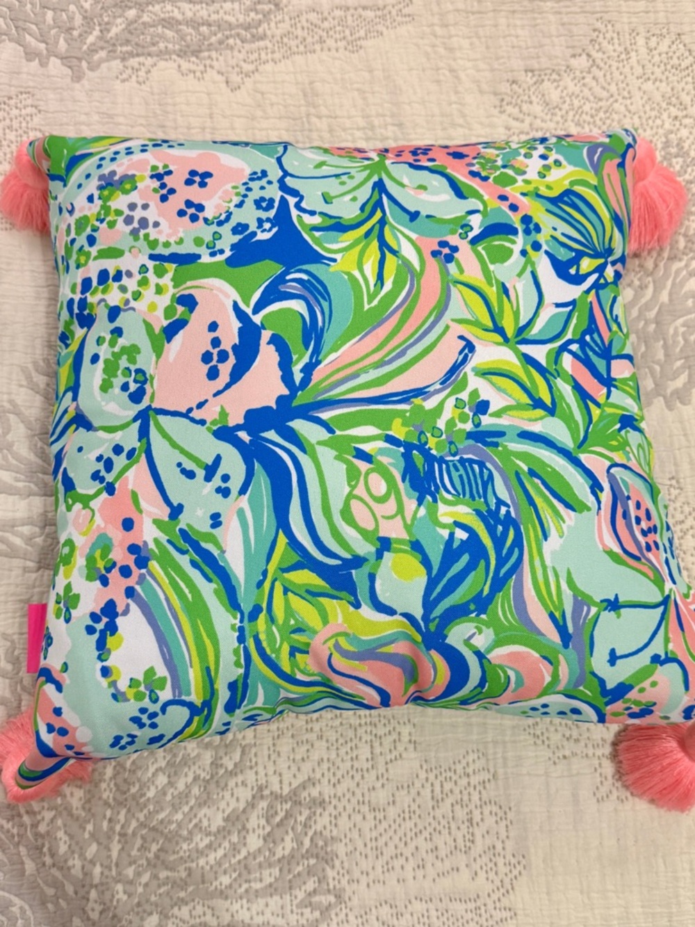 Lilly Pulitzer Blue, Pink & Green Floral Toss Pillow with Pink Tassels